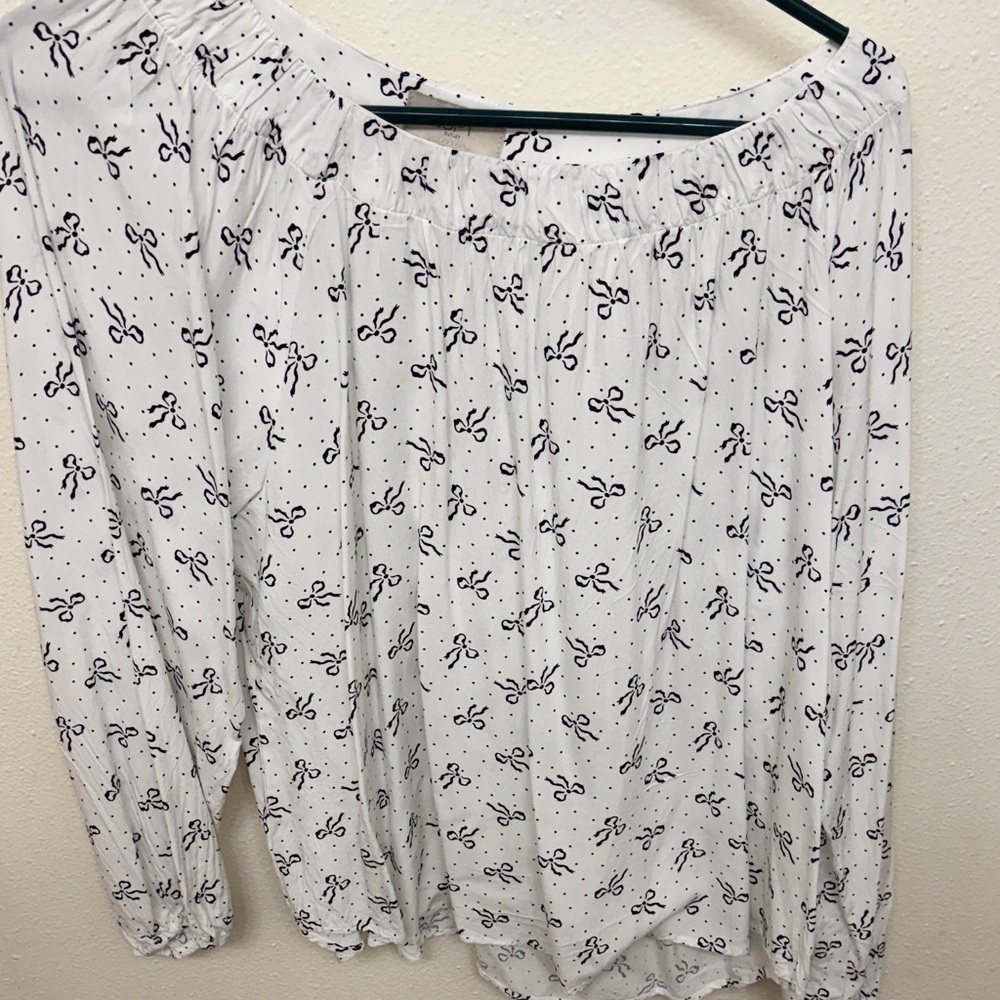 LOFT White Blouse with Black Bow Pattern